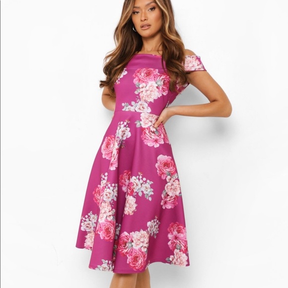 SCUBA FLORAL OFF THE SHOULDER MIDI SKATER DRESS, size 10 - Picture 1 of 5